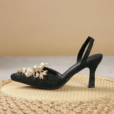 

Women‘s Faux Pearl & Rhinestone High Heels Solid Color Pointed Toe Slingback Pumps Wedding Dress & Party Shoes