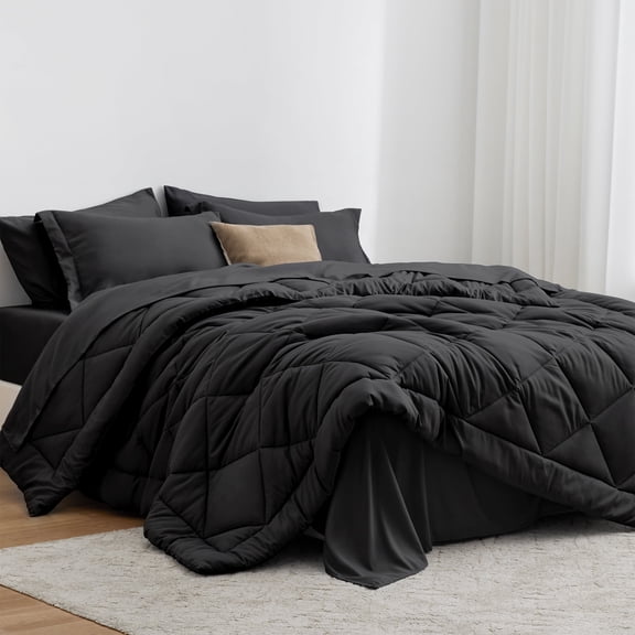 Love's cabin Queen Comforter Set 7-Piece - All Season Lightweight Bedding Set, Bed in a Bag with Comforter, Flat Sheet, Fitted Sheet, Pillowcases & Pillow Shams, Black