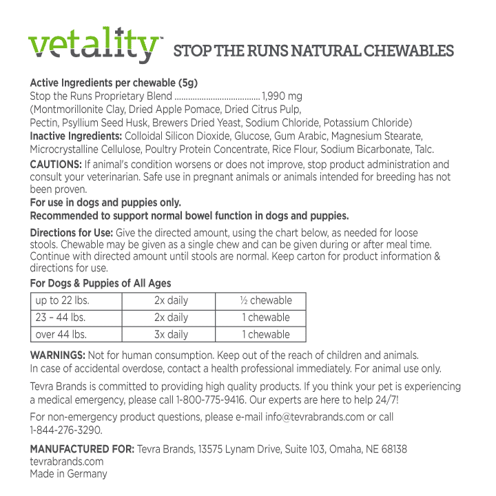 Vetality Stop The Runs, Anti-Diarrhea Chewable Tablets for Dogs, 6 Count.  Fast Acting and Supports Normal Bowel Function for Dogs.  Chicken Apple Flavor.
