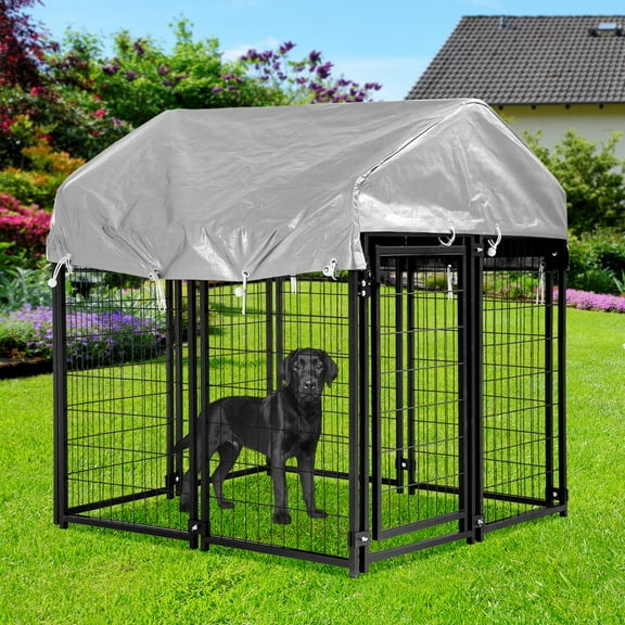Dkelincs 4'x4'x4.4' Heavy Duty Large Dog Kennel Metal Dog Cage Crate Outdoor Pet Playpen with UV Cover, Black