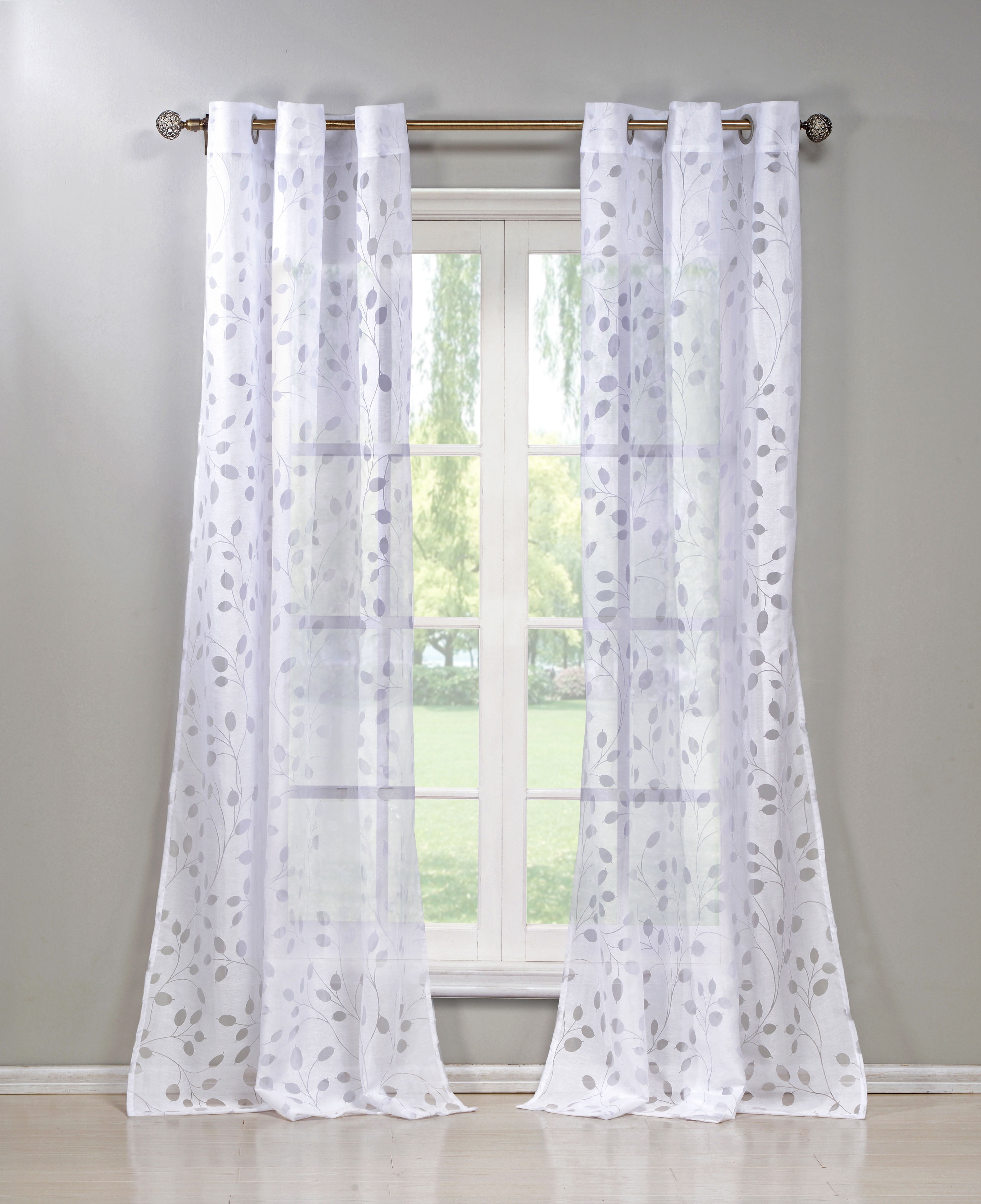 Set of Two (2) White Cotton Blend Sheer Window Curtain Panels: Burnout