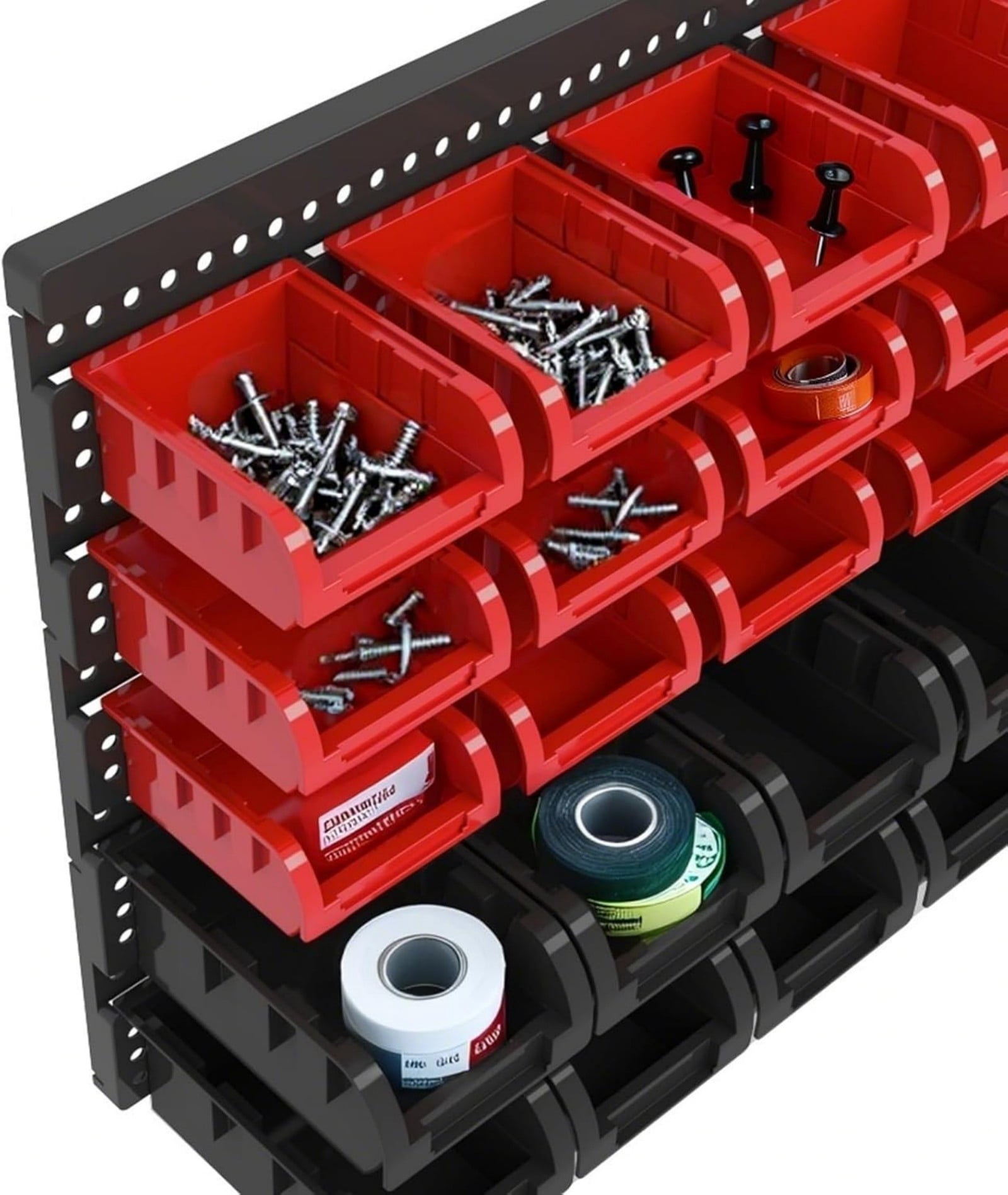 Wall Mounted Storage Bins Organizer Set, 30PCS Plastic Nut & Bolt Organizer with Pegboard, Screw Storage Bins for Garage, Workshop, Craft & Hardware Organization (Red & Black& BLue, Small)