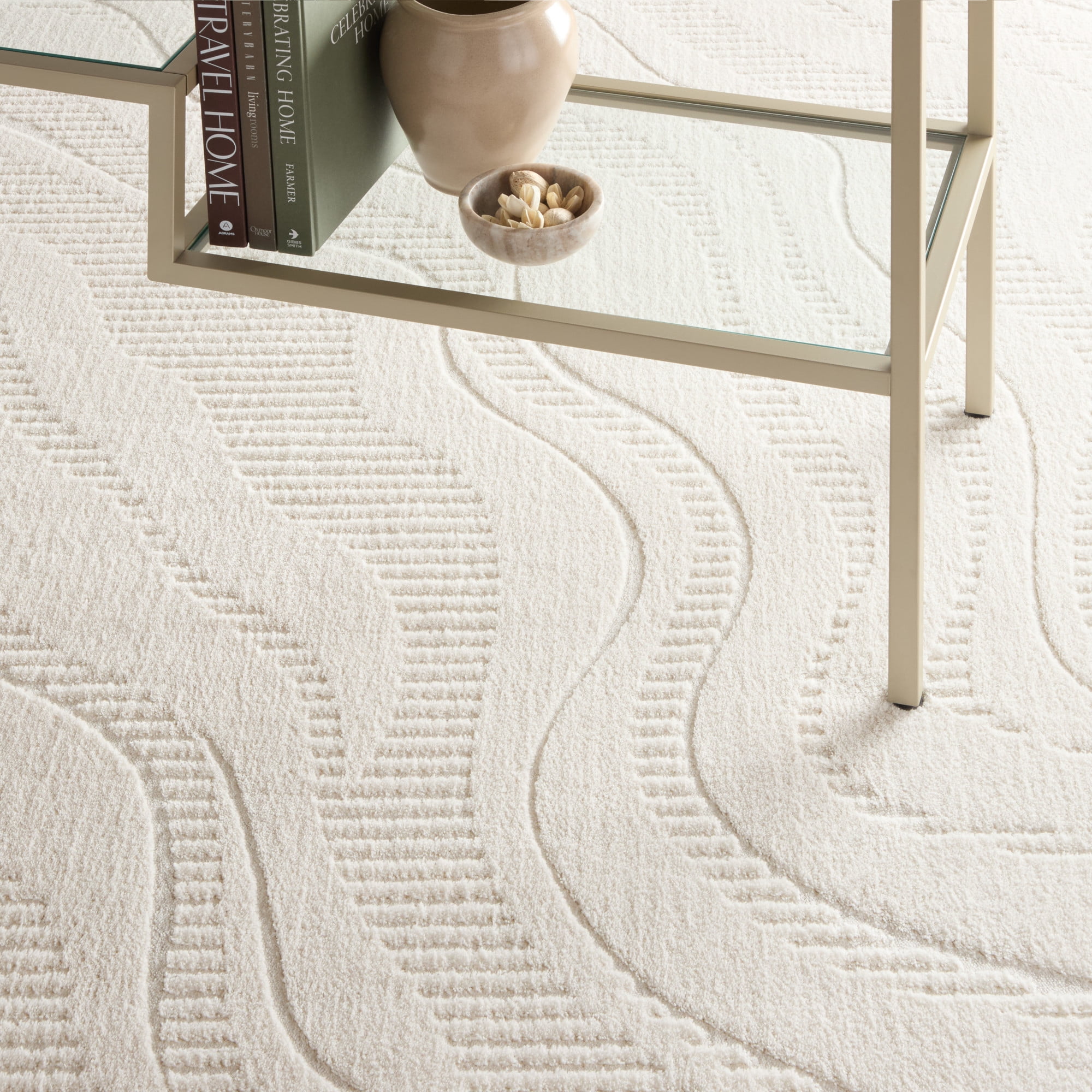 TOWN & COUNTRY EVERYDAY Lane Painterly Wave Soft Felt Everwash®, Machine Washable Area Rug with Non-Slip Backing, Modern Rug, Ivory, 1'7"x7'2"