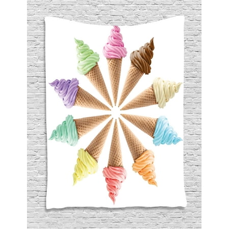 Pictures Ice Cream Cones - Ice Cream Decor Tapestry, Cones with Various Flavors Forming a Stylish Row Summer Season Picture, Wall Hanging for Bedroom Living Room Dorm Decor, 40W X 60L Inches, Multicolor, by Ambesonne
