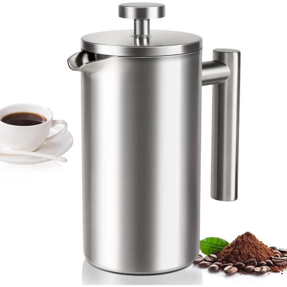 12 OZ French Press Coffee Maker, Sturdy Insulated Full Stainless Steel Silver