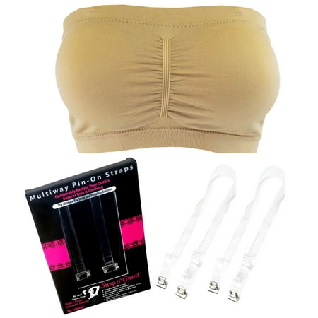 Tan - Padded Strapless Bandeau Tube Top Bra with Clear Pin Straps By Strap N’ Guard® - Default Title