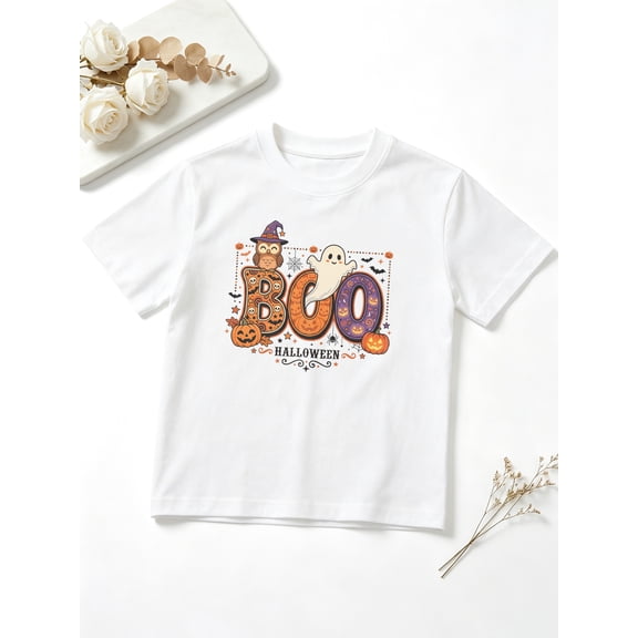 Girls Graphic Tees Cute Owl and BOO Lettering Halloween Short Sleeve Kids T-Shirt, 100% Cotton Soft Casual Tops for Children