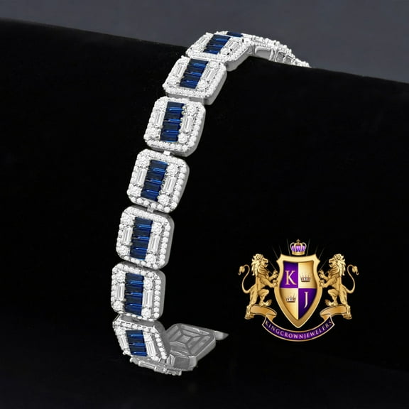 Blue Sapphire Baguette Real Genuine White Gold Sterling Silver Simulated Diamond Tennis Link Bracelet 8.5'' Unisex 35 Grams