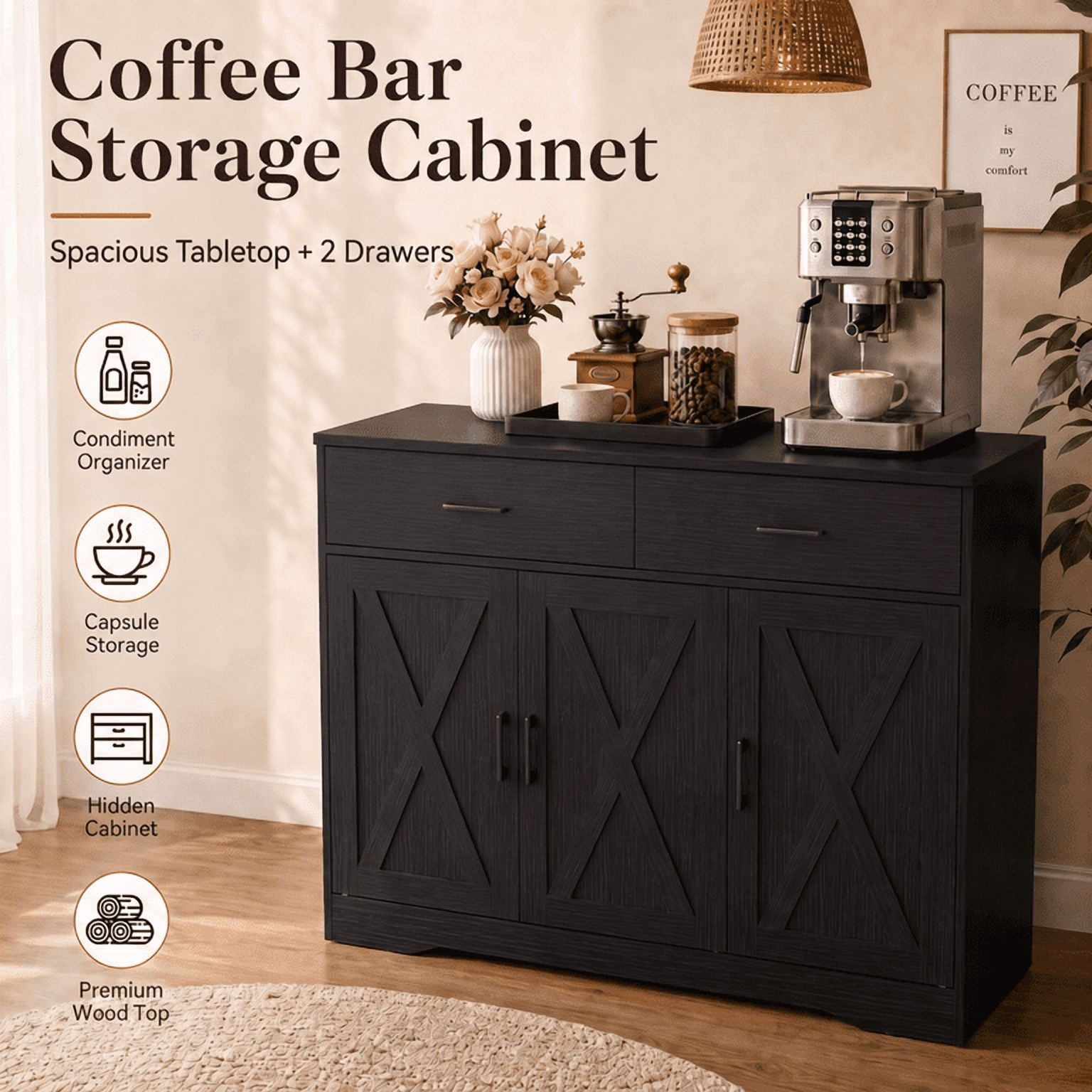 Lacoo Farmhouse Sideboard Buffet Cabinet with 2 Drawers and 3 Doors, Kitchen Storage Cabinet with Adjustable Shelf, Coffee Bar Cabinet for Dining Room and Living Room, Black