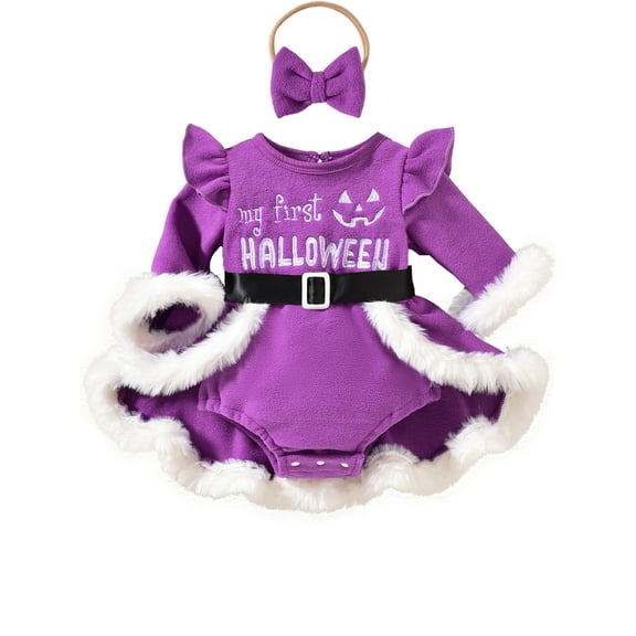 ENFLASH Baby Girls Halloween Dress Outfits Newborn My First Halloween Furry Long Sleeve Romper Dresses Headband Clothes Set