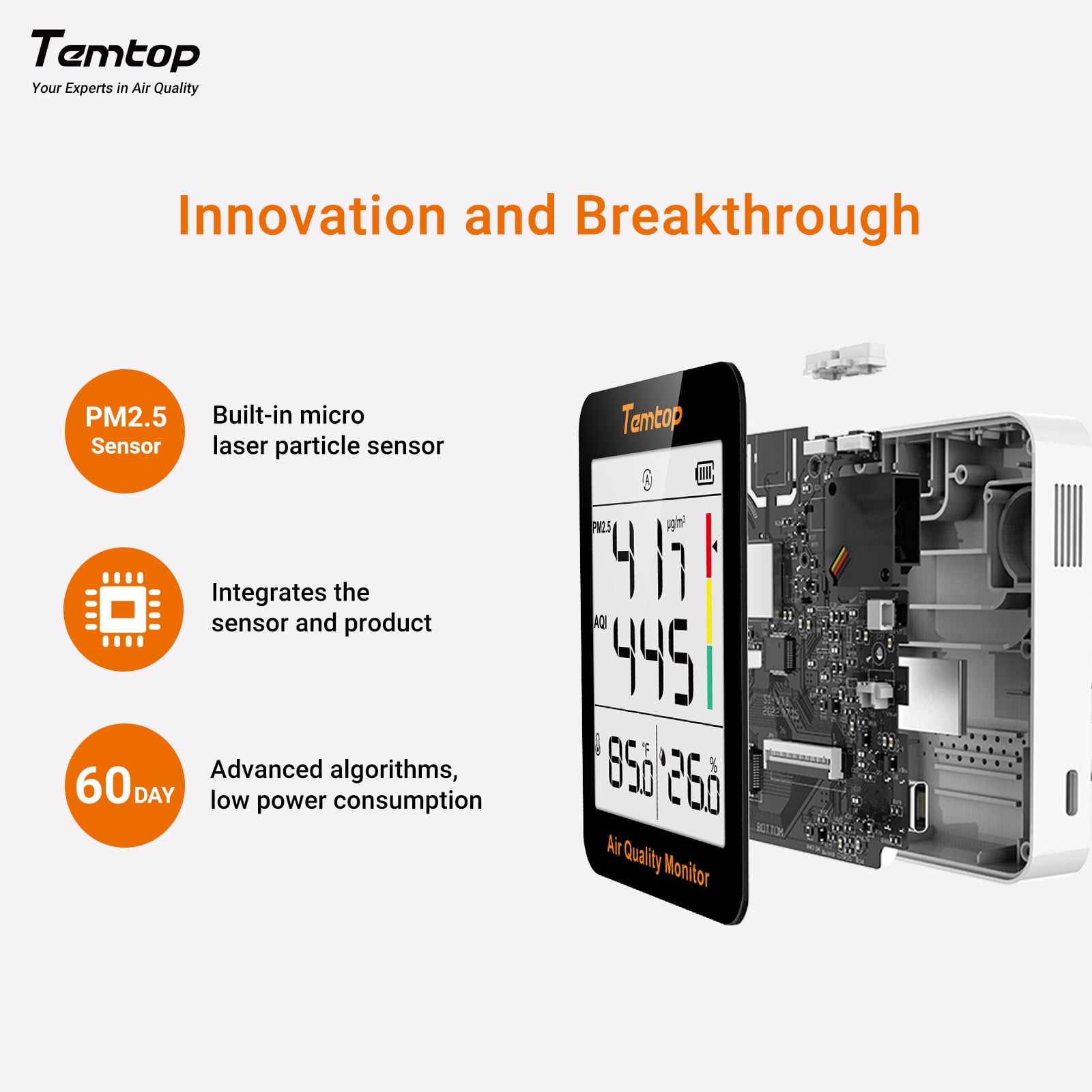 Temtop S1-UP Air Quality Monitor Indoor Thermo-Hygrometer - PM2.5, AQI, Temperature, and Humidity Meter for Home, Office, or School, Air Quality Measurement, 60-Day Battery Life