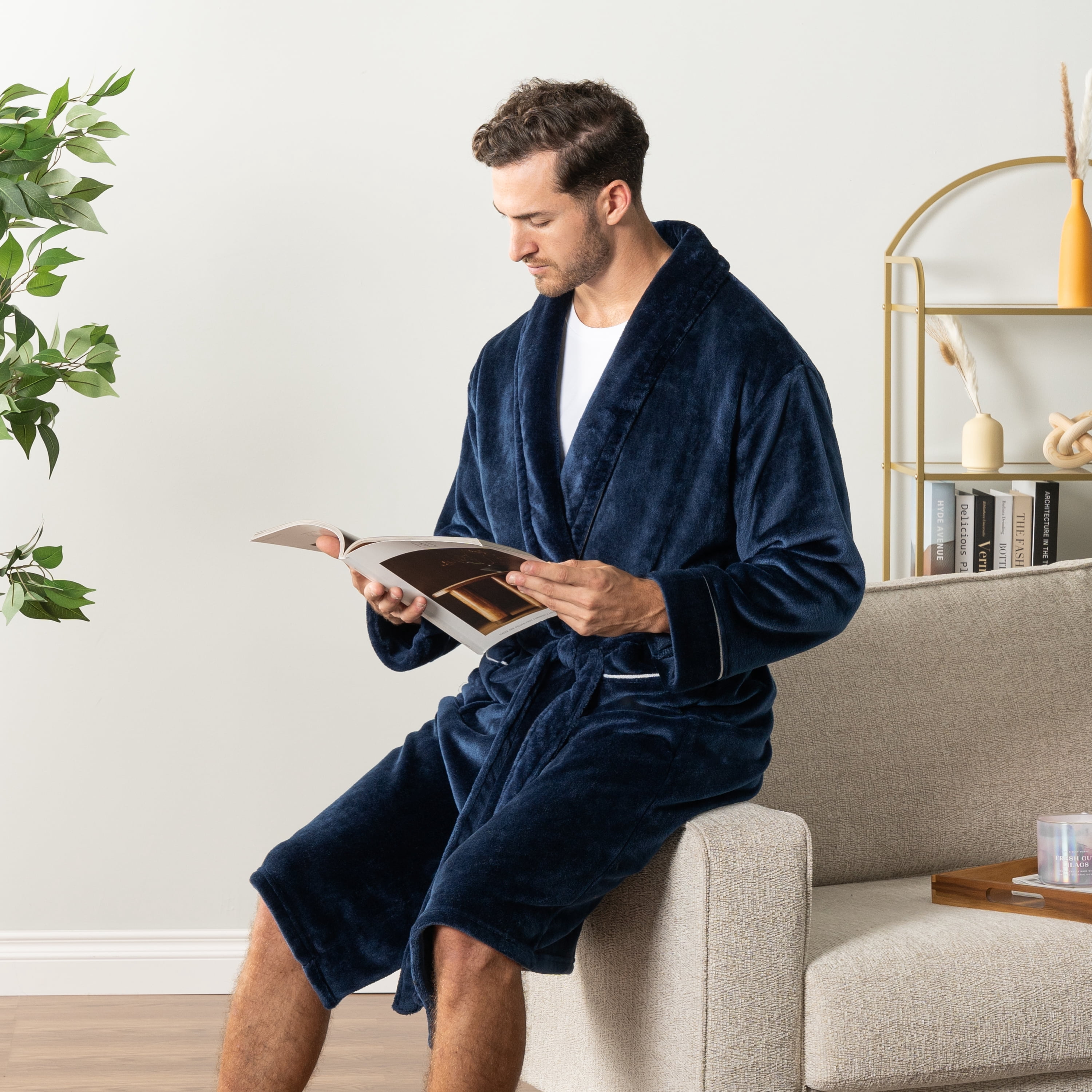 Mens Soft Robe, Plush Warm Bathrobe for Men, Long Spa Robe with Shawl Collar, Pockets, Trim Piping (Navy Blue)