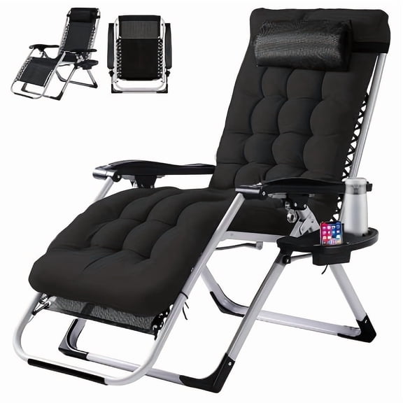 Zero Gravity Outdoor Reclining Chair with Cup Holder Trays & Removable Cushion, Heavy Duty Portable Lounge Chair for Camping, Patio, Backyard, Black