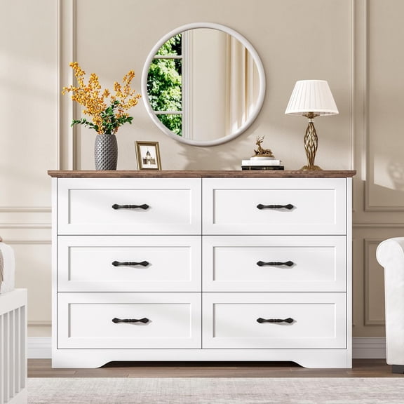 6-Drawer Farmhouse Dresser with Wide Metal Handles Wood Top for Bedroom White and Brown