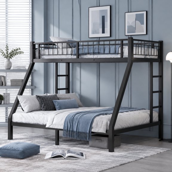Bellemave Twin XL over Queen Bunk Bed with Dual Side Ladders for Teens Adults, Heavy-Duty Metal Bunk Bed Frame with UnderBed Storage Space for Bedroom Apartment, Black