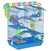 PawHut 5 Tiers Hamster Cage Small Animal Habitat with Exercise Wheels, Tube, Water Bottles, and Ladder, for Dwarf Hamster, Gerbil, Blue