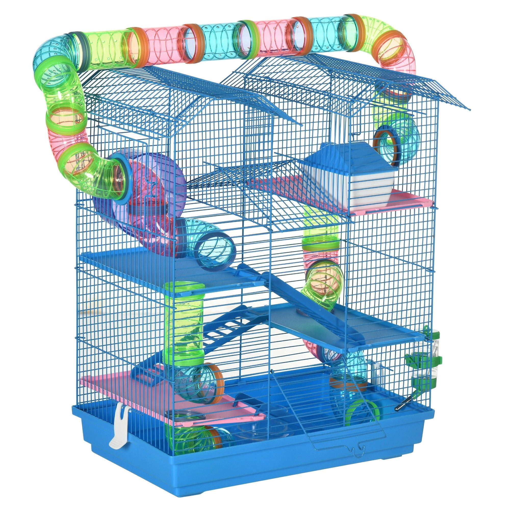 PawHut 5 Tiers Hamster Cage Small Animal Habitat with Exercise Wheels, Tube, Water Bottles, and Ladder, for Dwarf Hamster, Gerbil, Blue