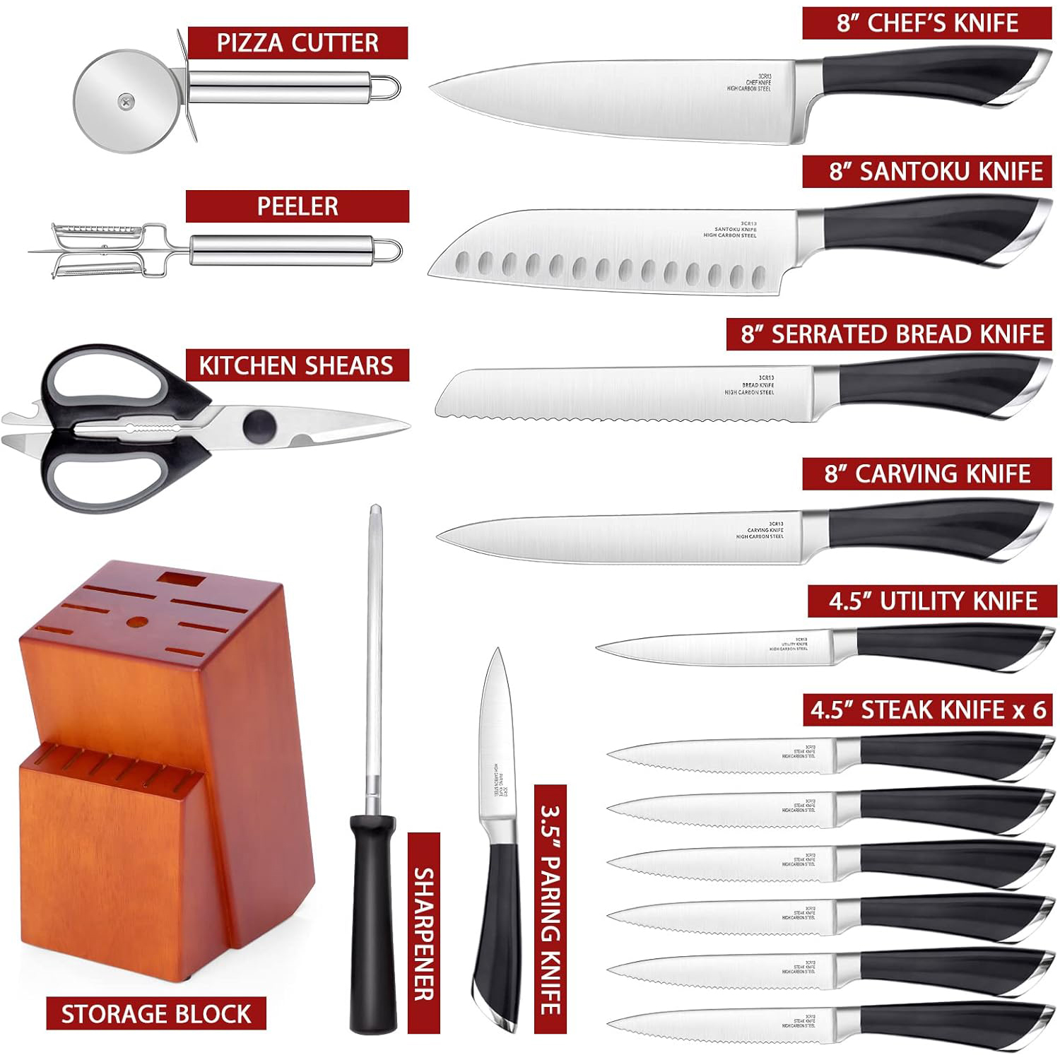 Vesteel Kitchen Knife Block Set, 17-Piece High Carbon Forged Stainless Steel Knife Set Includes Chef Utility Paring Steak Serrated Bread Santoku Knife
