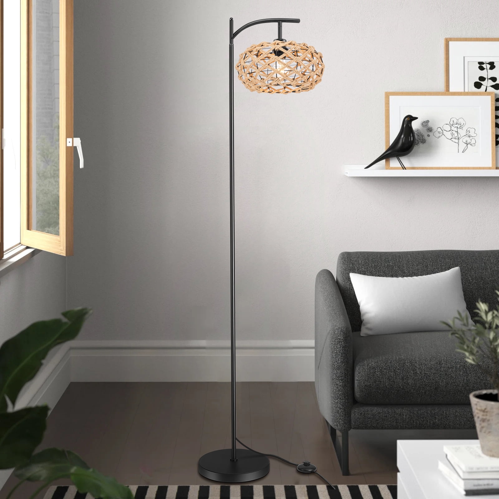 IC INSTANT COACH Boho Farmhouse Floor Lamp & Foot Switch - 4.9FT Rattan Standing Lamp for Living Room, Bedroom, Office - Modern Rustic Lighting with Easy Assembly