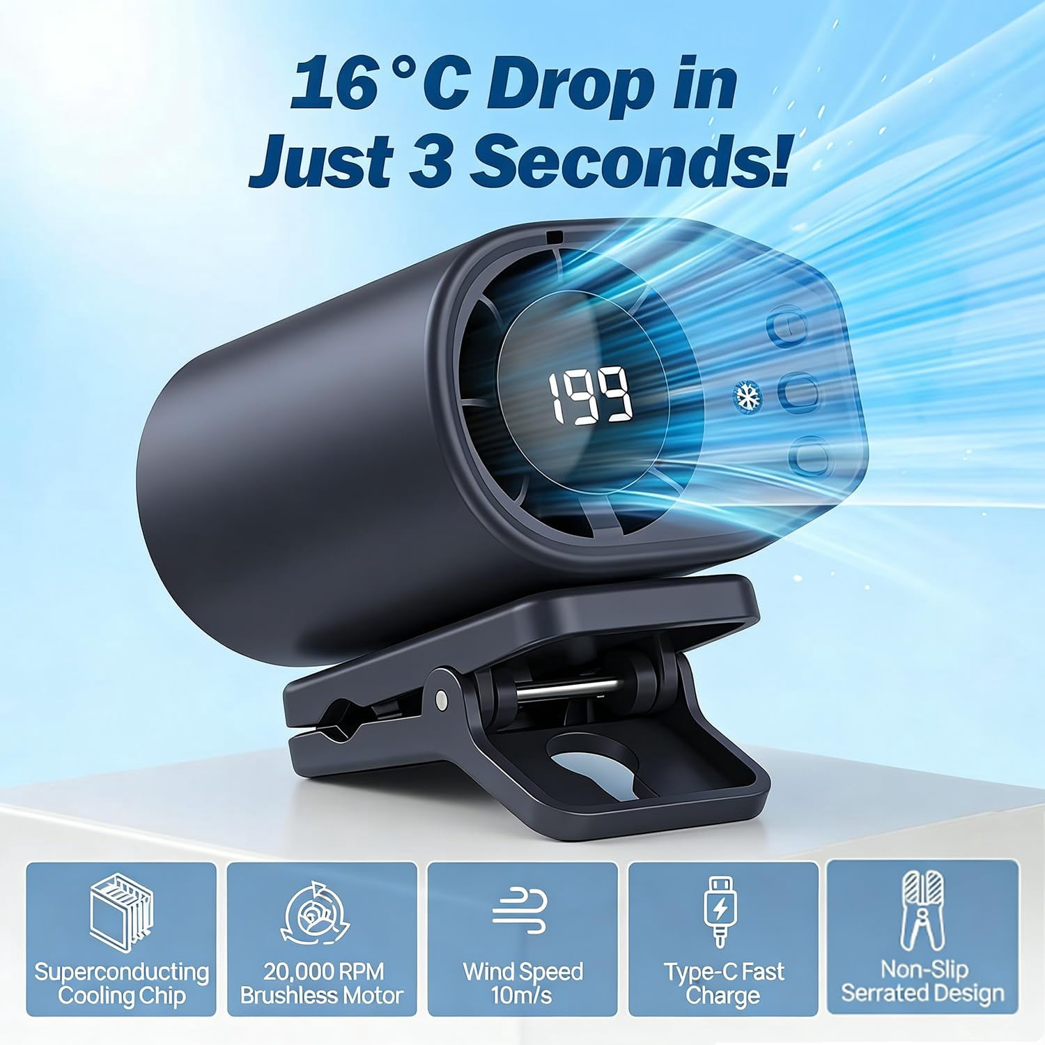 2026 Car Clip on Air Conditioner Fan with LED Display - 360° Rotation, Portable USB Rechargeable Personal Fan, Hands-Free Clip on Fan for Cars, Work, Camping