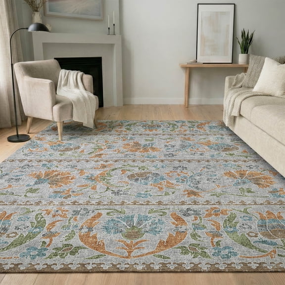 Addison Rugs Mayfield Premium Machine Washable Traditional Floral Silver Rectangle Rug, 10' x 14'