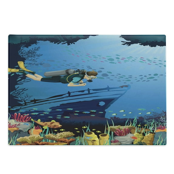 Diver Cutting Board, Graphical Illustration of a Scuba Diver Floating over a Coral Reef and a Shipwreck, Decorative Tempered Glass Cutting and Serving Board, in 3 Sizes, by Ambesonne