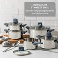 thumbnail image 3 of T-FAL Essentials Stainless Steel Cookware Set 12 Piece, Induction Compatible, Oven Safe 350F, Cooking Set w/Stewpots, Stockpot, Saucepan, Lids & Tools, Measuring Marks, Dishwasher Safe, Silver/Blue, 3 of 9