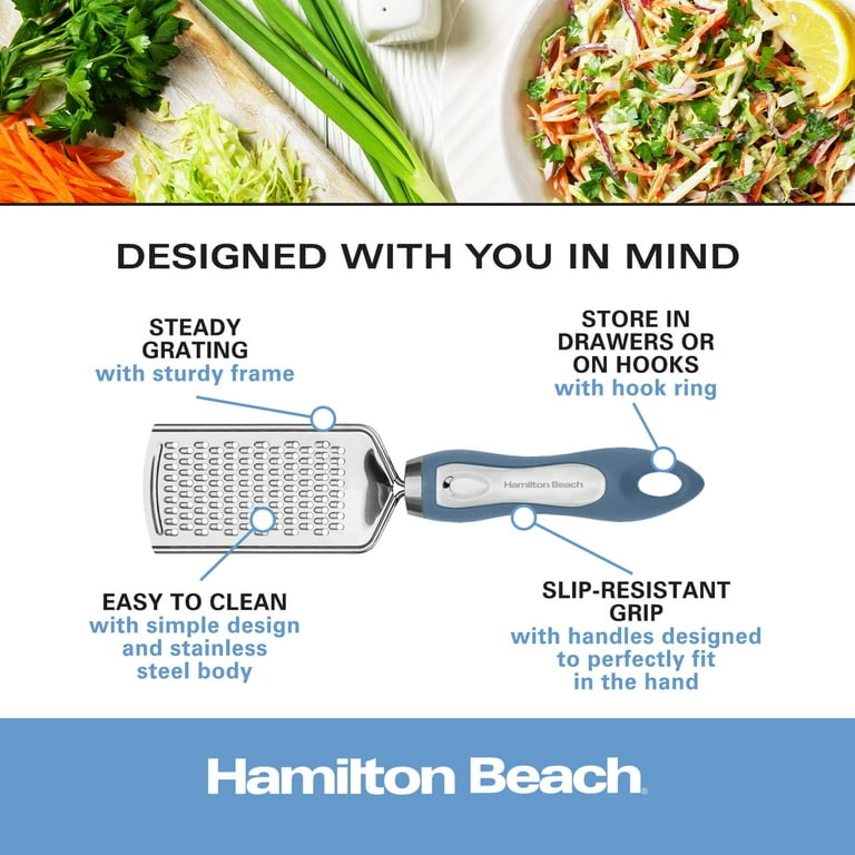 Hamilton Beach Stainless Steel Cheese Grater Sharp Blades 10in soft touch  handle, Non-Slip & Soft Grip, Food Graters for Kitchen, Ginger, Garlic,  Vegetables, & Fruit Slicers Dishwasher Safe-Blue 