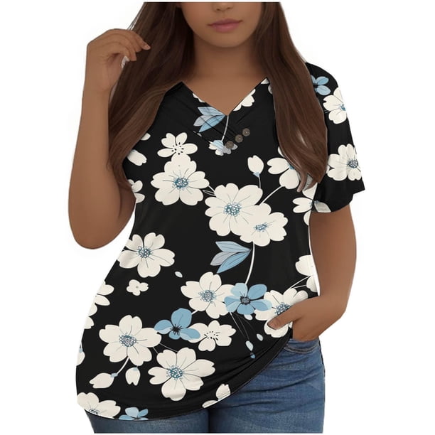Mujeres Tops Casual Manga Corta V-Cuello Botón Decoración Plisado Blusa para Más Tamaño L-5xl