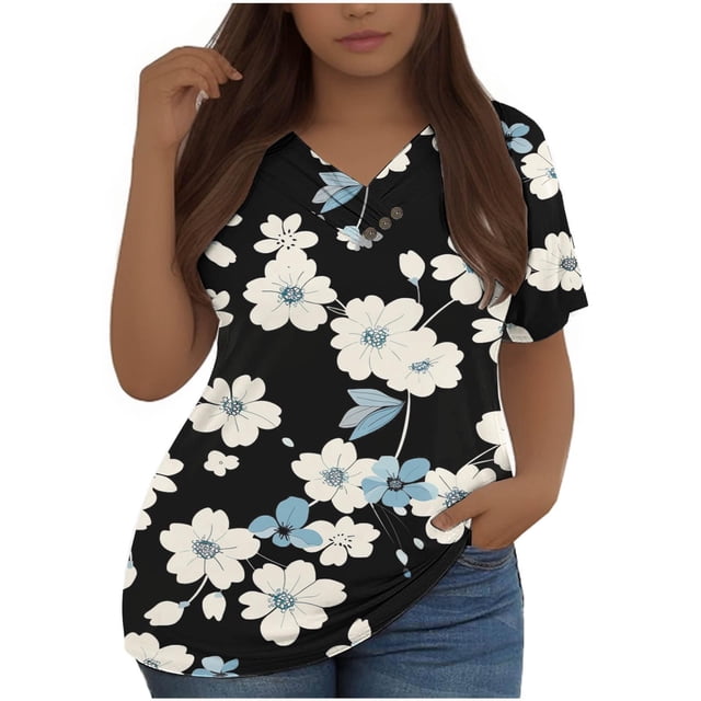 Womens Short Sleeved V-Neck Button Button Decoration Pleated Top Large Womens Clothing (L-5Xl)