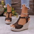 thumbnail image 2 of Rokment Womens Platform Wedge Dressy Sandals Stylish Casual Leopard Suede Peep Toe Ankle Strap Linen Chunky High Heels Gladiator Summer Dress Shoes Brown Size 9, 2 of 8