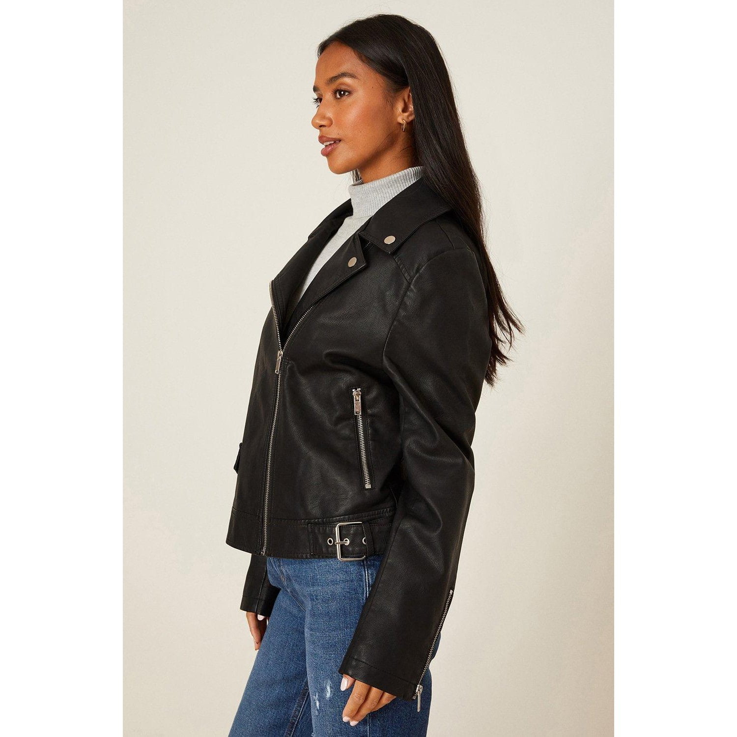 Dorothy Perkins Womens Faux Leather Petite Biker Jacket Black 4 Us