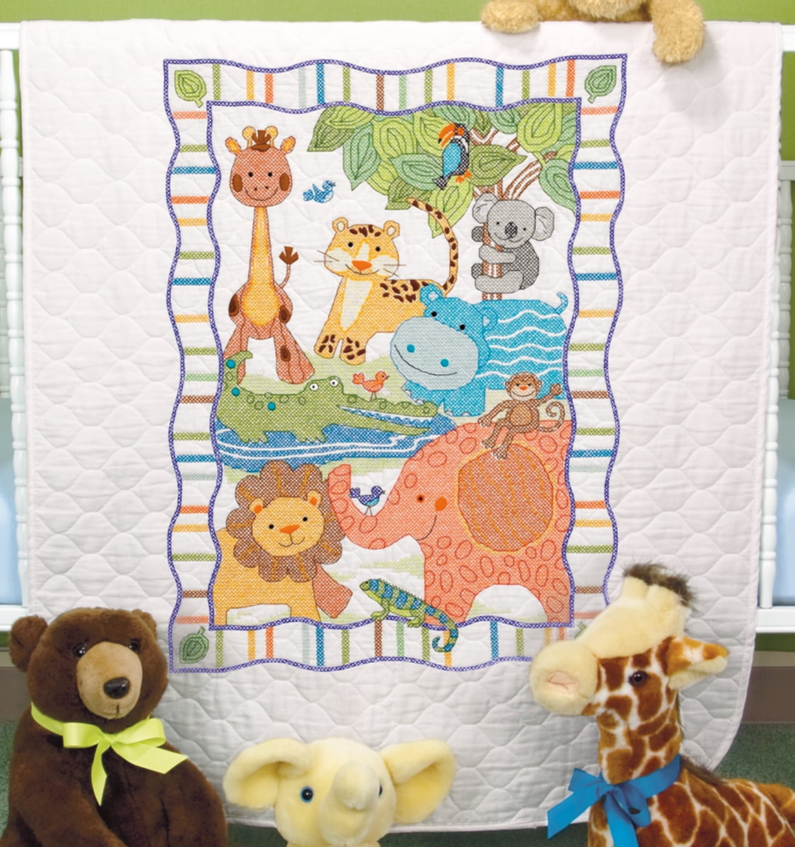 Dimensions Stamped Cross Stitch Baby Quilt Kit Baby Animals 34 X 43 opened