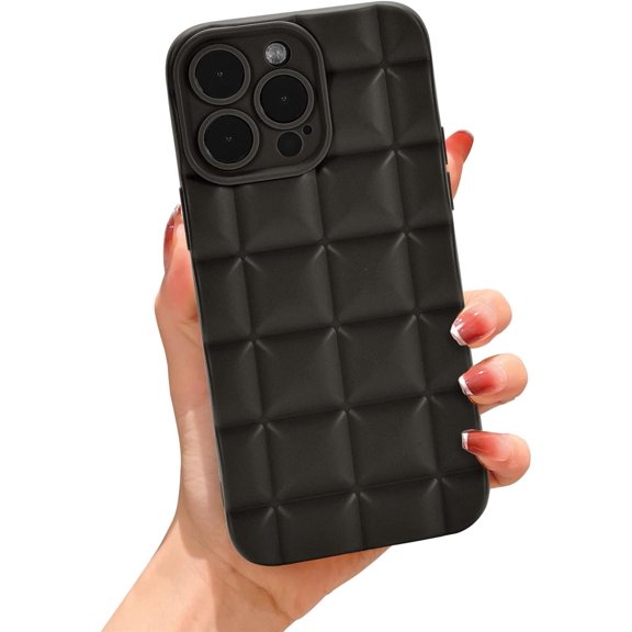 Compatible with iPhone 14 Pro Max Case for Women Girls,Cute 3D Lafle Plaid Cube Weave Pattern Raised Bumper Corners Case for iPhone 14 Pro Max Soft Matte Silicone Shockproof Case-Elegant Black