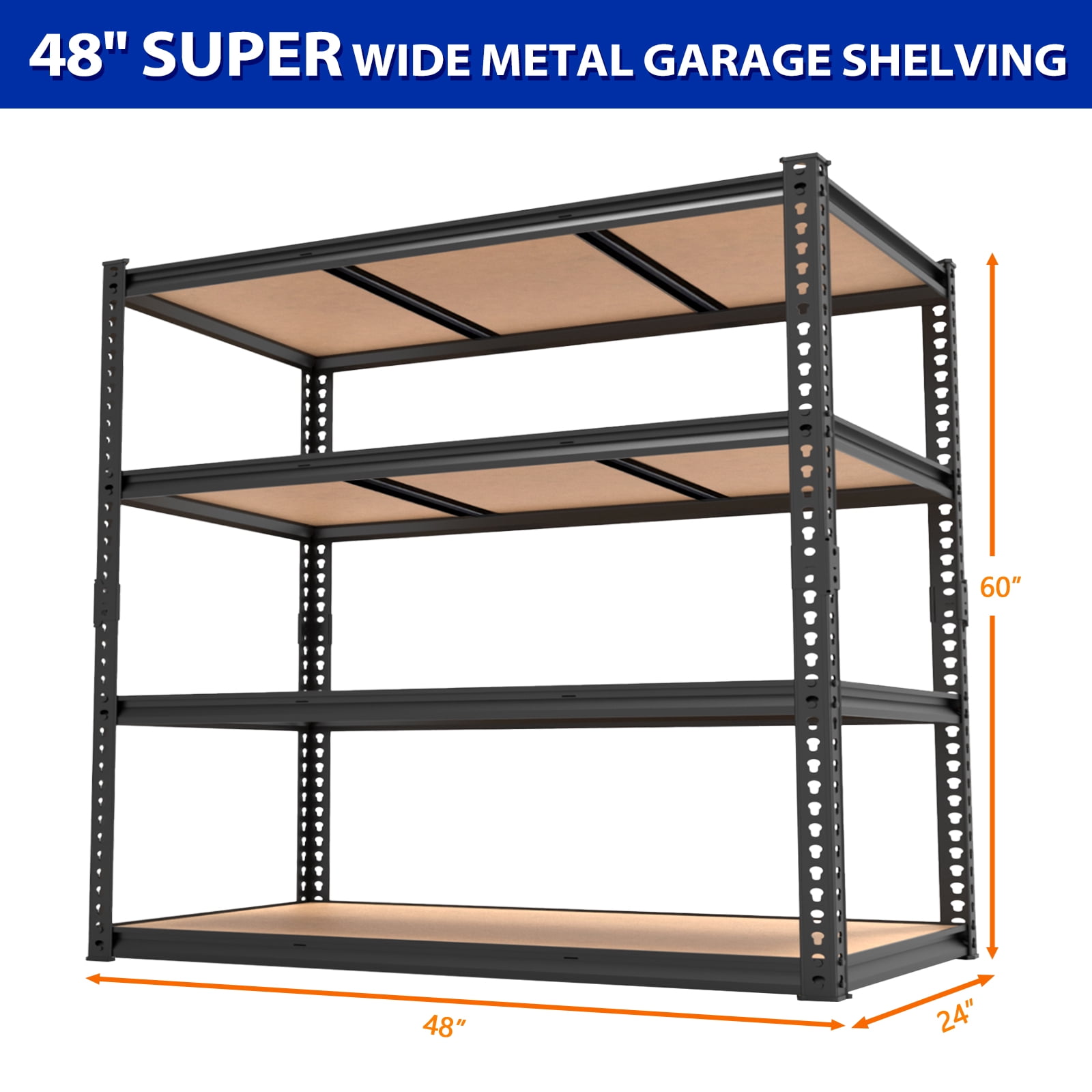 Ktaxon 4 Tier 48" W Shelving Rack for Garage & Industrial Heavy Duty,  2500LBS Adjustable Metal Tough Shelves Gloved Rubber Hammer, 48" W x 60" H x 24" D