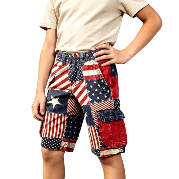 FUZHIQ Boy's Patchwork Cargo Shorts USA American Flag Graphic 250th Anniversary Vintage Casual Summer Shorts with Pockets,7-8 Years