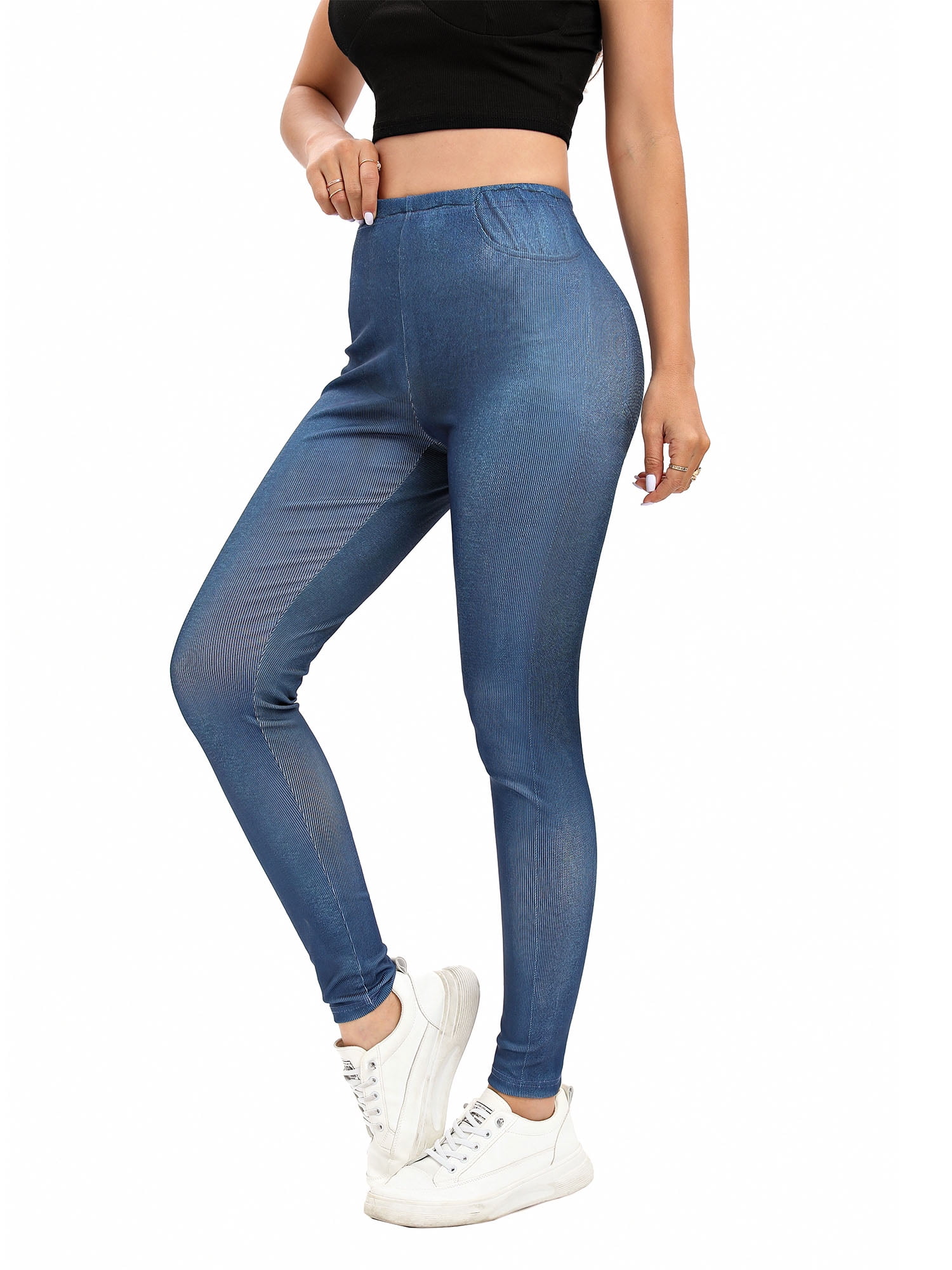 Glonme Ladies Fake Jeans Seamless Leggings Tummy Control Faux Denim Pant  Workout Comfy Jeggings Stretch High Waist Bottoms Blue-B S 