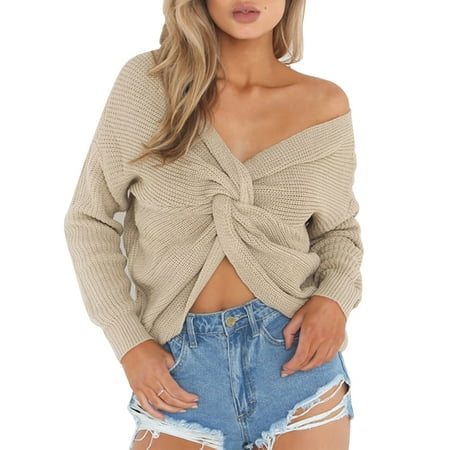 Chunky Cable Knit Knitted Sweaters Women Jumpers Pullovers V-Neck Twisted Back Long Sleeve Chunky Cable Knit Tops Winter Casual Knitwear ()