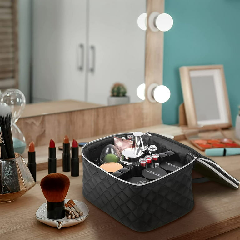 Double Layer Travel Makeup Bag: Portable Cosmetic Bag with Divider  Organizer Case for Storage Cosmetics Make up Brush Large Capacity Toiletry  Bag for