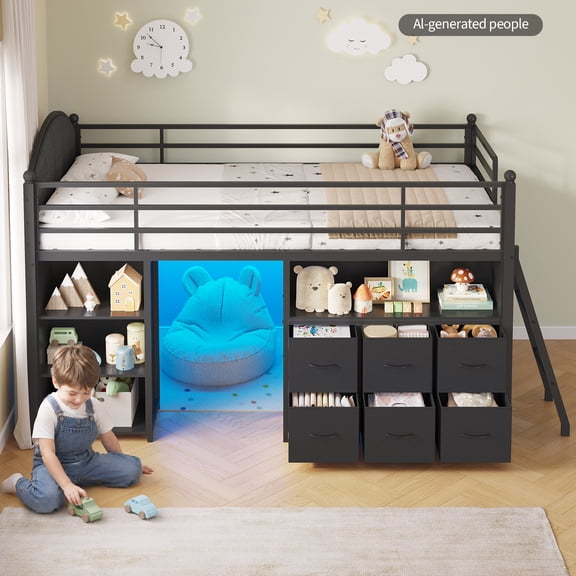 Mabor Twin Size Low Loft Bed with 6 Drawers & 4 Bookcase,3-Tier Picture Book Rack,Metal Loft Bed with Upholsterd Headboard,LED Lights & Under-Bed Play Area, Safety Guardrail & Ladder, Black