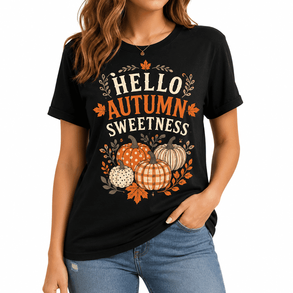 【New Arrival】Women's Fall Pumpkin Graphic T Shirt Black Short Sleeve Crew Neck Hello Autumn Casual Tee