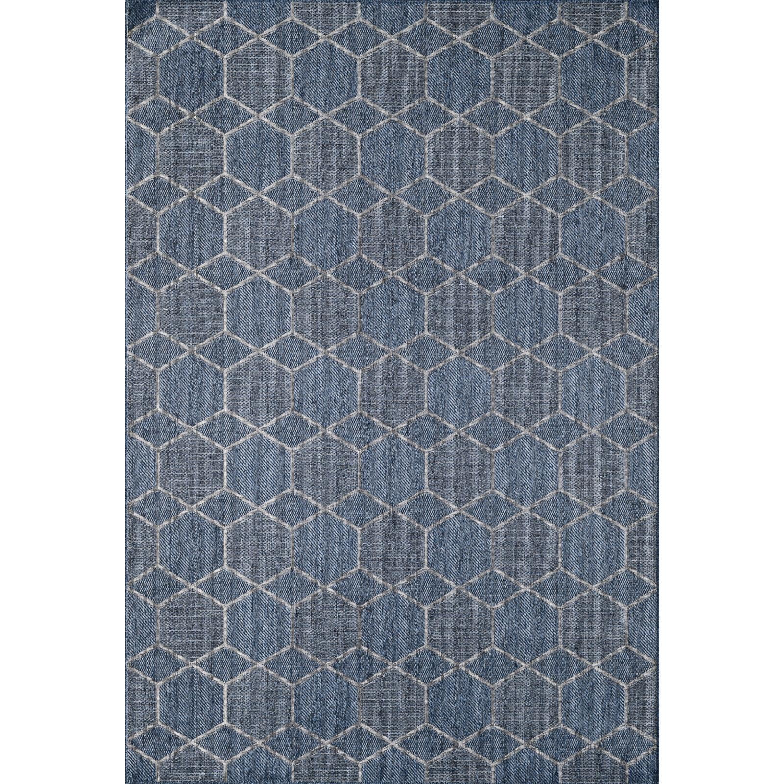 Mid-Century Transitional Blue Geometric Outdoor Rug - 8' x 10'