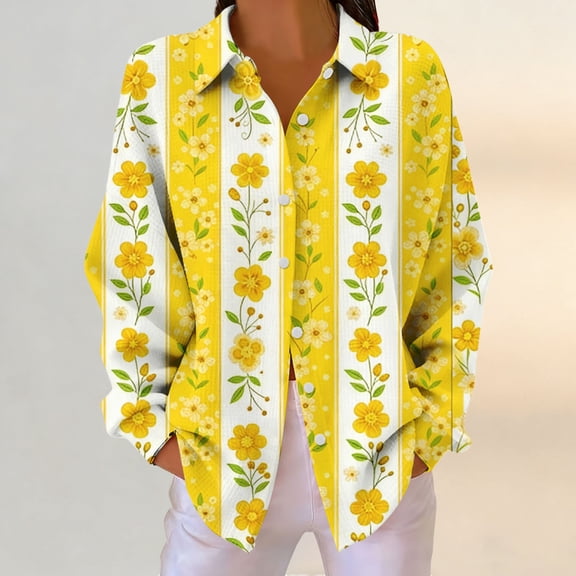 Endives Women's Button Down Shirt Floral Print Relaxed Fit Long Sleeved Shirt Outerwear Spring Summer Outfit Yellow