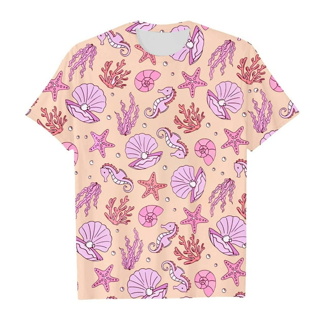 T-shirt Enfant Été Manches Courtes Décontracté avec Imprimés d'Animaux Marins Mignons Col Rond T-Shirts Filles Rose 11 Ans-12 Ans
