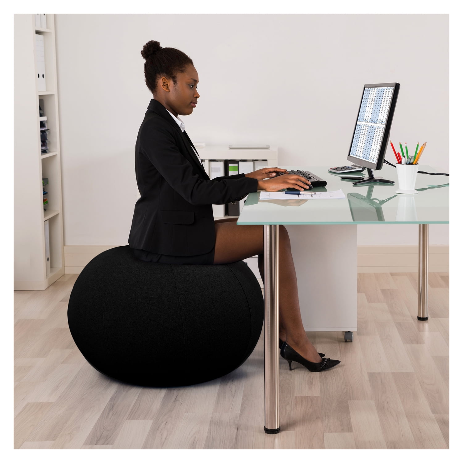 Yoga Ball 30" - Black Balance Ball w/ Cotton Cover & Leather Handle - Core Strength & Posture Improvement - 660lb Capacity