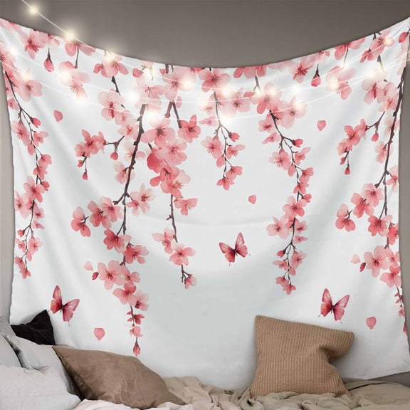 Cherry Blossoms Tapestry for Bedroom Wall Hanging Tapestry, Spring Botanical Flowers Watercolor Ceiling Backdrop Tapestries Poster Blanket Wall Decor for Teens Room Living Room Dorm 51" x 59"