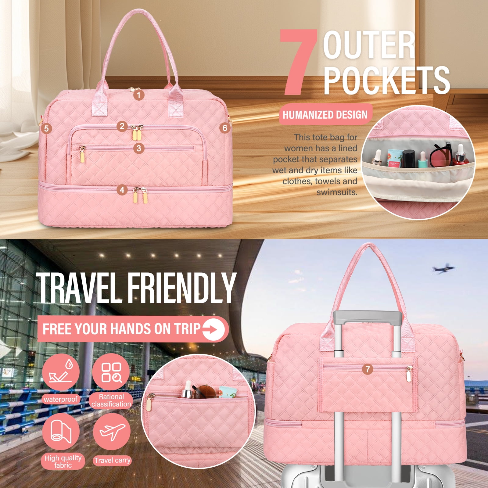 Livhil 2pcs Womens Overnight Bag, Carry on Weekender Bag with Shoe Compartment for Business Trips Sport Hospital, Pink