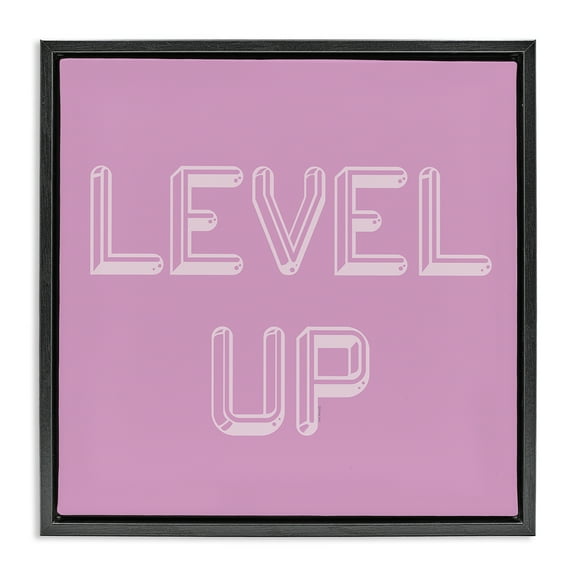 Stupell Industries Level Up Purple & White Quotes and Sayings Painting Black Floater Framed Canvas Art Print Wall Art, 18 x 18