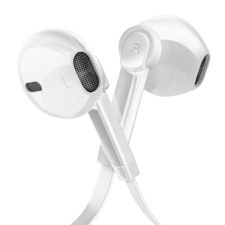 Headphones with Microphone Certified PowerStereo Flat Wired 3.5mm In-Ear Earphones Control Crystal Sound Earbuds for iPhone iPad iPod Laptop Tablet Android LG Smartphones (White) 1 Pack