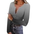 thumbnail image 3 of Josdec Women's Slim Fit T‑Shirt Gradient‑Print Henley Button‑V‑Neck Ribbed Long Sleeve Casual Pullover Tops S‑XXL, 3 of 10